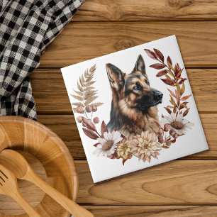 German Shepherd Dog Autumn Wreath Tile