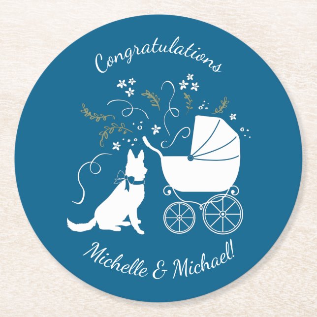 German Shepherd Dog Baby Shower Blue Boy Round Paper Coaster (Front)