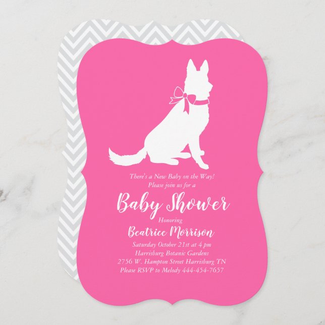 German Shepherd Dog Baby Shower French Pink Girl Invitation (Front/Back)