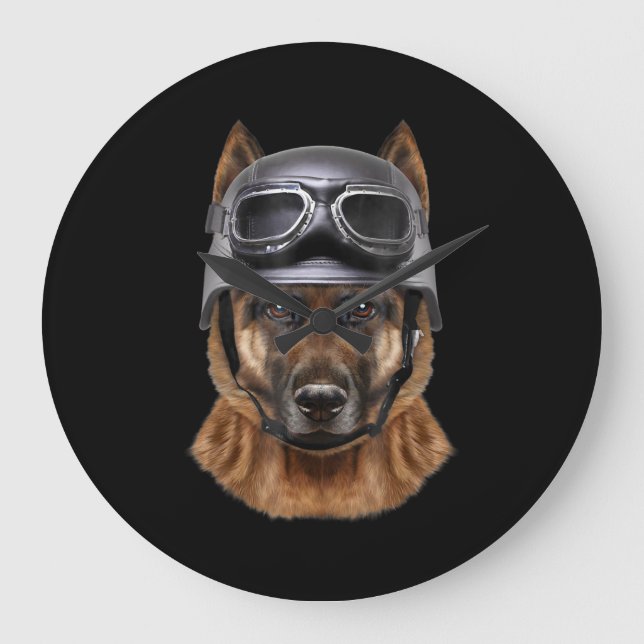German Shepherd Dog, Biker In Motorcycle Helmet Large Clock (Front)