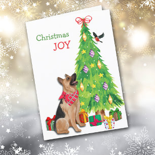 German Shepherd Dog, Bird, and Christmas Tree Holiday Card