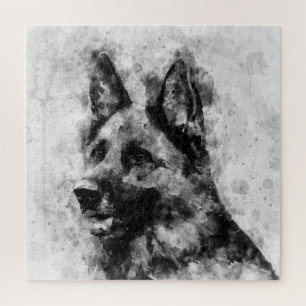 German Shepherd Dog Black and White Watercolor  Jigsaw Puzzle
