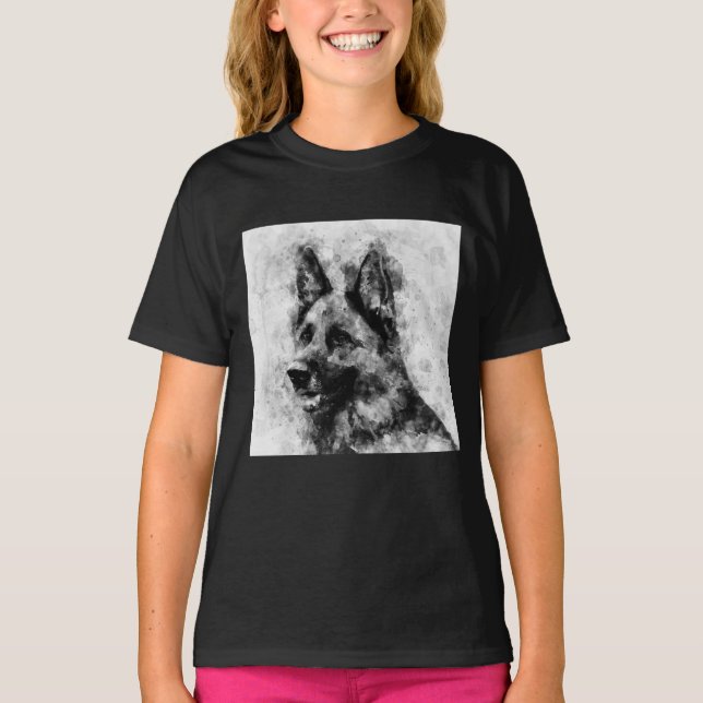 German Shepherd Dog Black and White Watercolor  T-Shirt (Front)