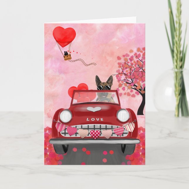 German Shepherd Dog Car with Hearts Valentine's Card (Front)