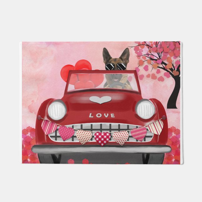 German Shepherd Dog Car with Hearts Valentine's  Doormat (Front)