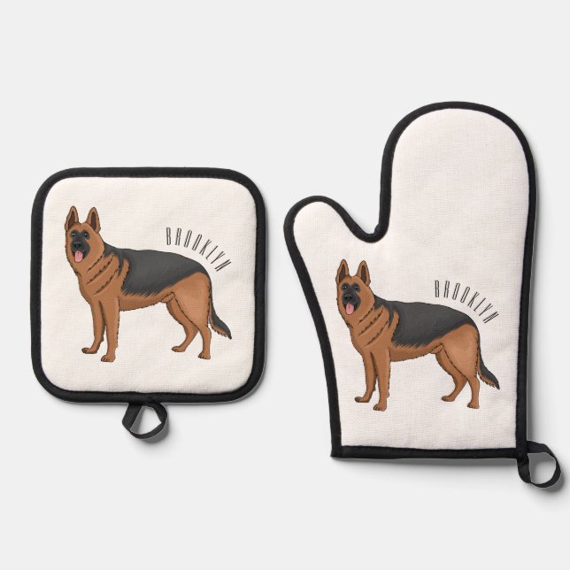 German shepherd dog cartoon illustration  oven mitt & pot holder set (Front)