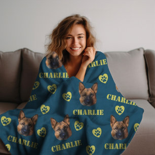 German Shepherd Dog, Custom Photo and Name Repeat  Fleece Blanket