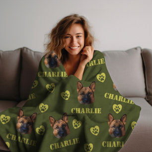 German Shepherd Dog, Custom Photo and Name Repeat Fleece Blanket