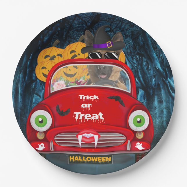 German Shepherd Dog Driving Car Scary Halloween  Paper Plate (Front)