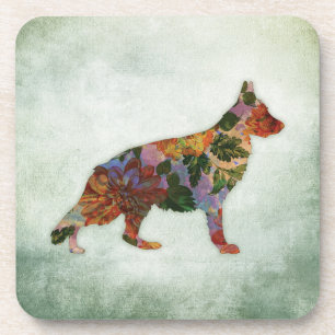 German Shepherd Dog Floral On Green Coaster