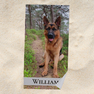 German Shepherd dog forest path name Beach Towel