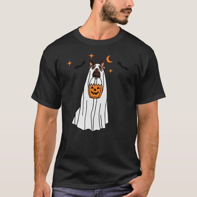 German Shepherd Dog Ghost and Pumpkin Halloween Fu T-Shirt (Front)