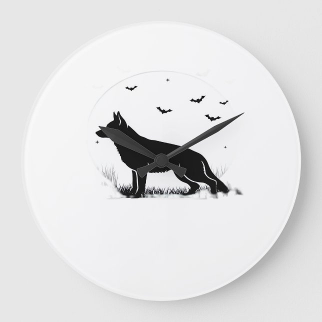 German Shepherd Dog � Halloween Moon Silhouette Cl Large Clock (Front)