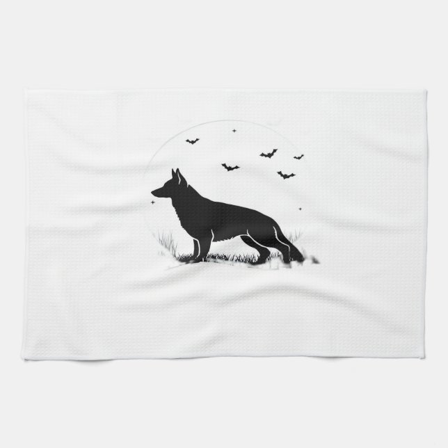 German Shepherd Dog � Halloween Moon Silhouette Cl Tea Towel (Horizontal)