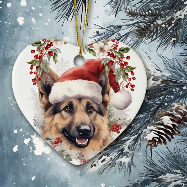German Shepherd Dog Holly Wreath Christmas Ceramic Tree Decoration (Creator Uploaded)
