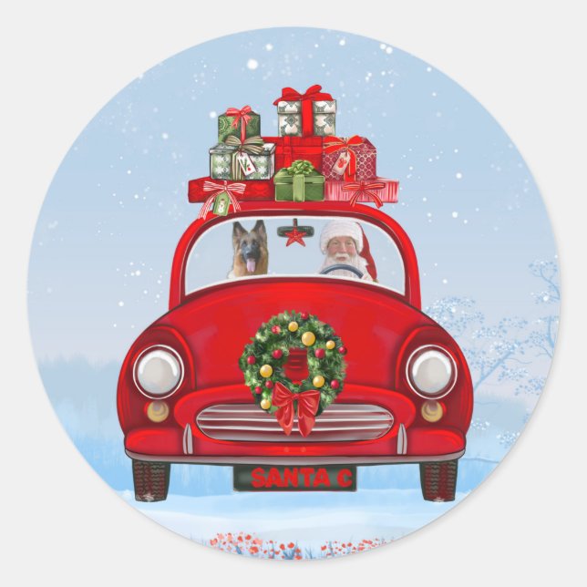 German Shepherd Dog In Car With Santa Claus  Classic Round Sticker (Front)