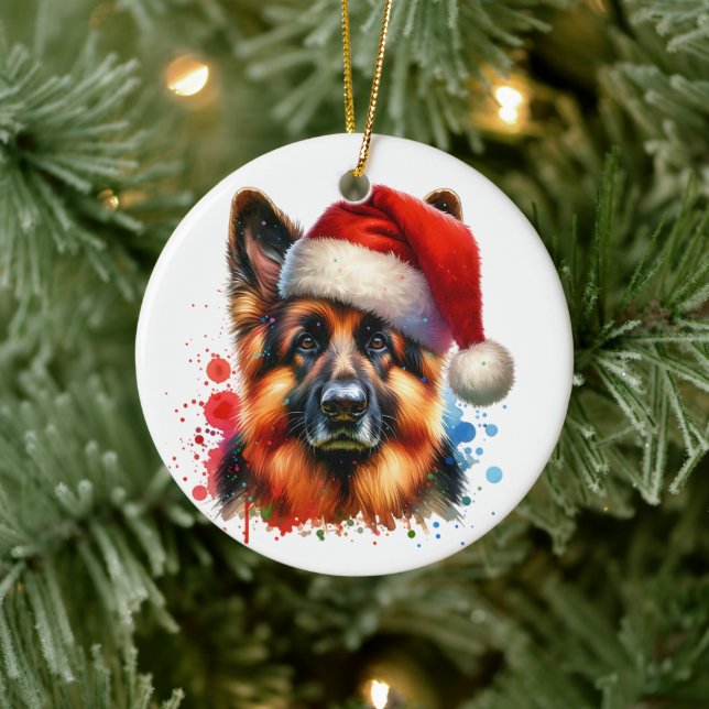 German Shepherd Dog in Santa Hat Christmas   Ceramic Tree Decoration (Tree)