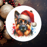 German Shepherd Dog in Santa Hat Christmas   Classic Round Sticker<br><div class="desc">If you love German Shepherds and want cute Christmas stickers then here ya go! Cute watercolor style ai art German Shepherd in Santa Hat.</div>