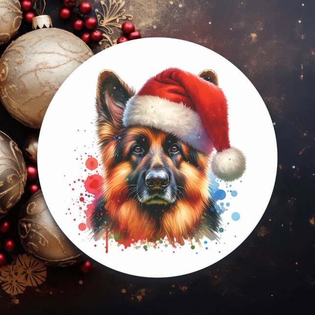 German Shepherd Dog in Santa Hat Christmas   Classic Round Sticker (Creator Uploaded)