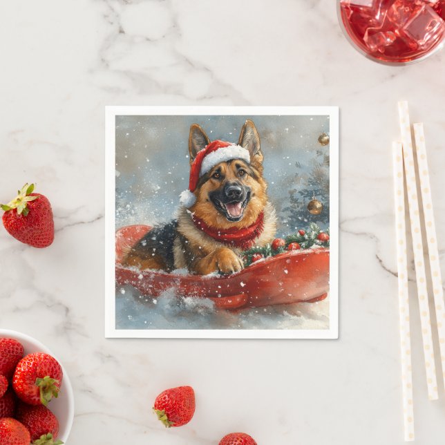 German Shepherd Dog in Sledge Snow Christmas Napkin (Insitu)