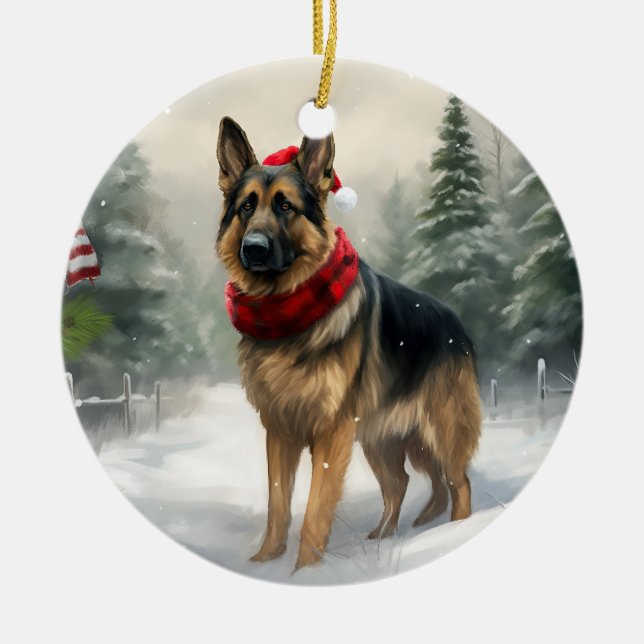 German Shepherd Dog in Snow Christmas Ceramic Tree Decoration (Front)