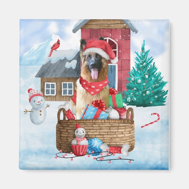 German Shepherd Dog In snow Christmas Dog House Magnet (Front)