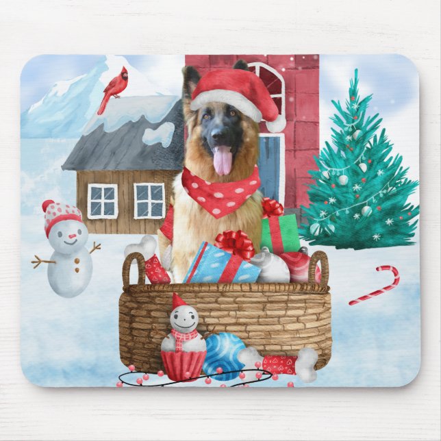 German Shepherd Dog In snow Christmas Dog House Mouse Pad (Front)