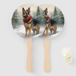 German Shepherd Dog in Snow Christmas Hand Fan
