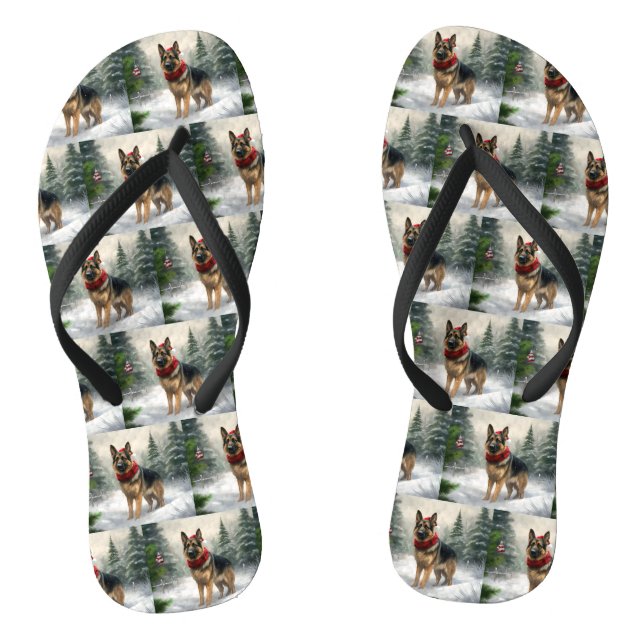 German Shepherd Dog in Snow Christmas Jandals (Footbed)
