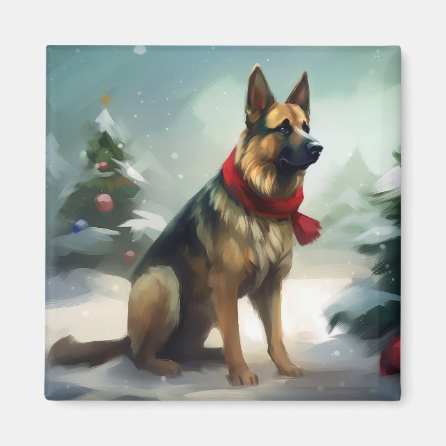 German Shepherd Dog in Snow Christmas Magnet (Front)
