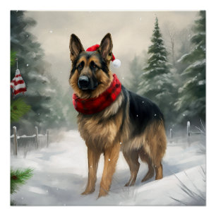 German Shepherd Dog in Snow Christmas Poster