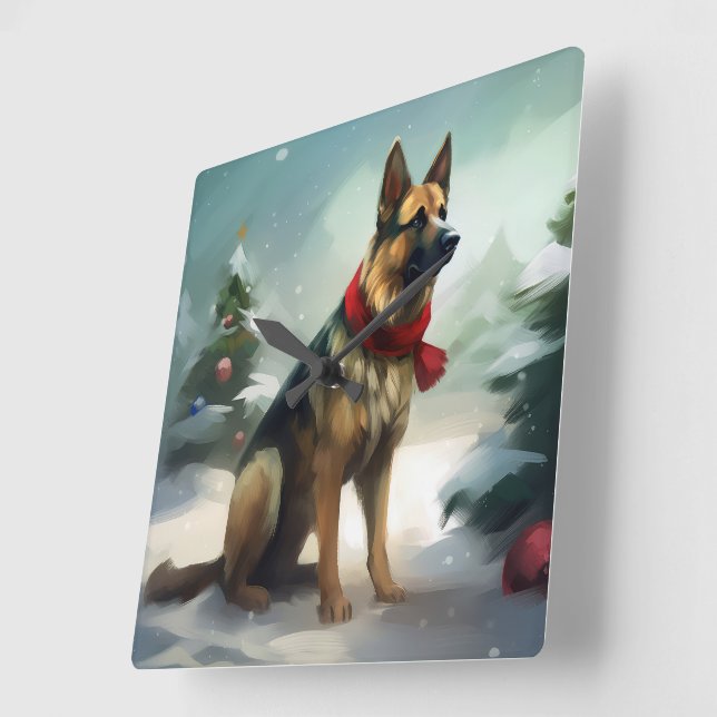 German Shepherd Dog in Snow Christmas Square Wall Clock (Angle)