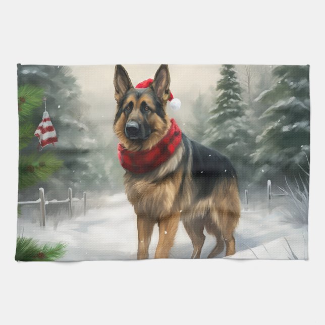 German Shepherd Dog in Snow Christmas Tea Towel (Horizontal)