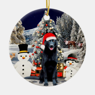 German Shepherd Dog  In Snow Santa Hat Lights Ceramic Tree Decoration