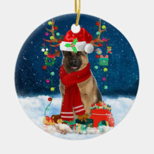 German Shepherd Dog in Snow with Christmas Gifts  Ceramic Tree Decoration