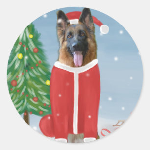 German Shepherd Dog in Snow with Christmas Gifts  Classic Round Sticker
