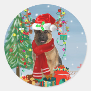 German Shepherd Dog in Snow with Christmas Gifts Classic Round Sticker