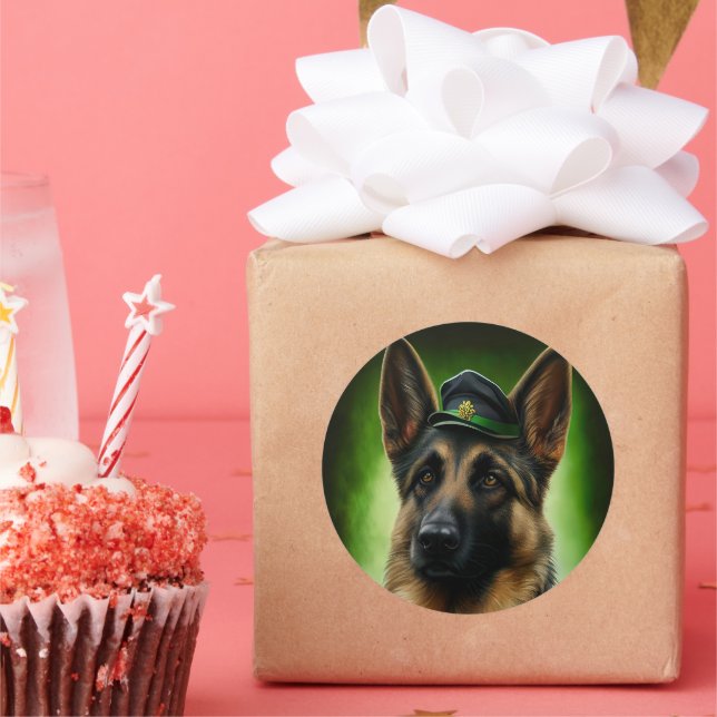German Shepherd Dog in St. Patrick's Day Dress Classic Round Sticker (Party)