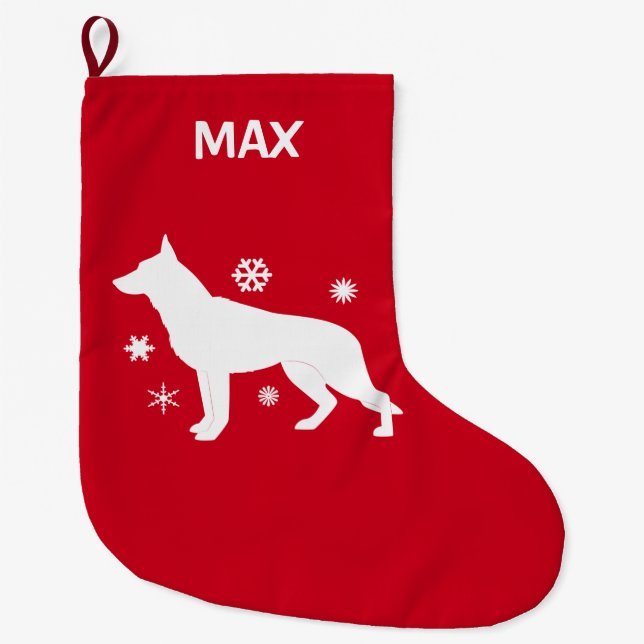 German Shepherd Dog in the Snow in Silhouette Large Christmas Stocking (Front)