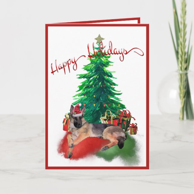 German Shepherd Dog Laying by Christmas Tree Note Card (Front)
