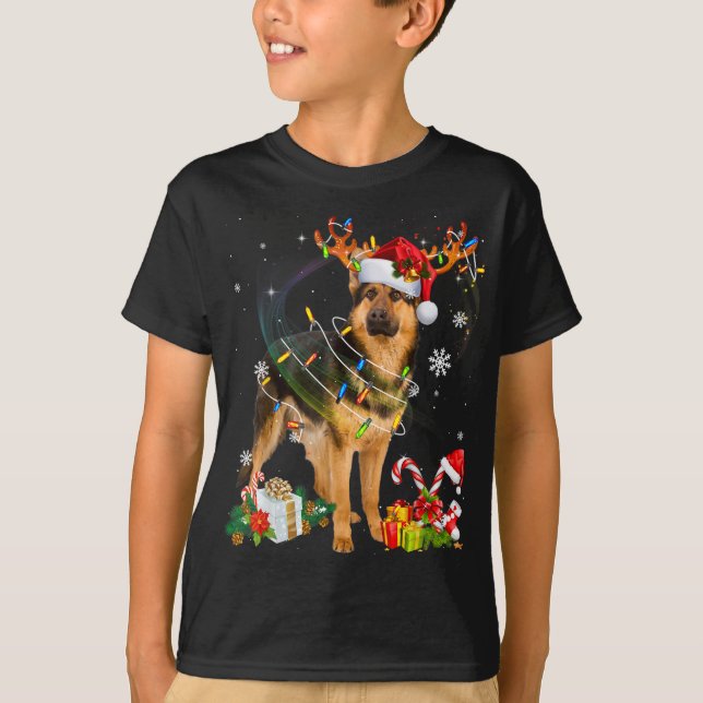 German Shepherd Dog Lights Santa Hat Xmas Tree Chr T-Shirt (Front)