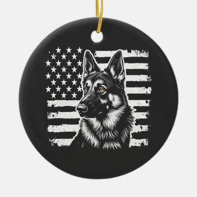 German Shepherd Dog Lover USA American Flag  Ceramic Tree Decoration (Front)