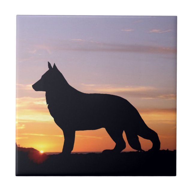 German Shepherd Dog Luminescent Sunset Silhouette Tile (Front)