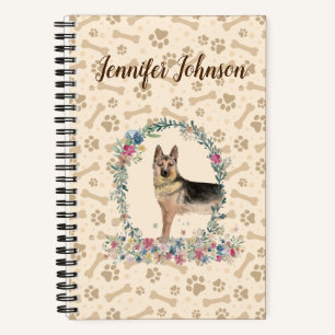 German Shepherd Dog Paw Print & Floral Cute Notebook