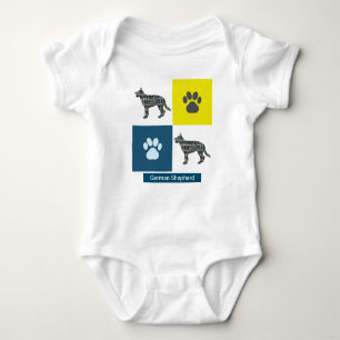 German Shepherd Dog & Paw Y&B Grid Square Baby Bodysuit