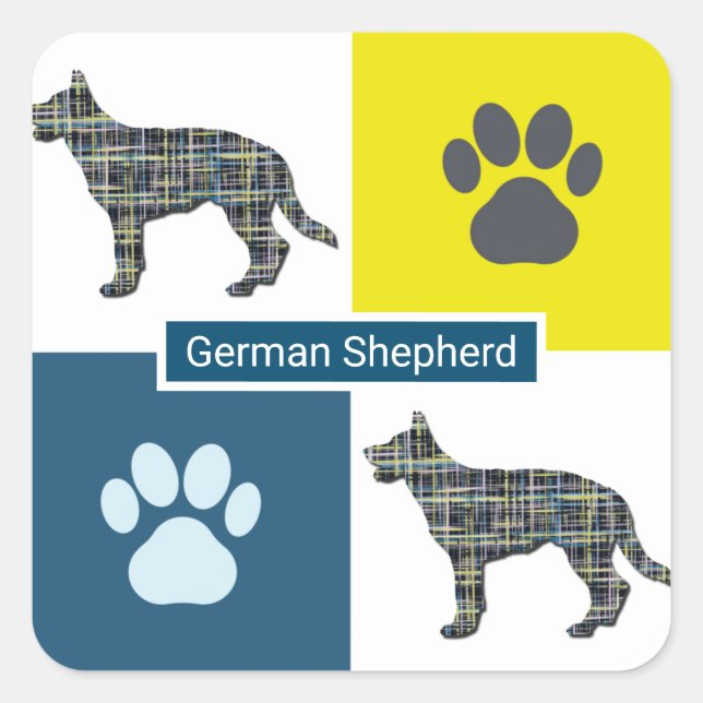 German Shepherd Dog & Paw Y&B Grid  Square Sticker (Front)