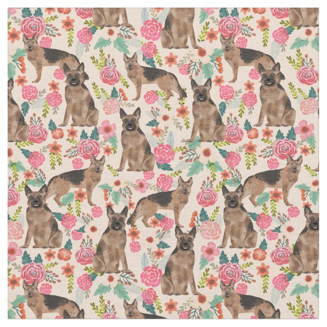 German Shepherd dog peach florals Fabric (Close Up)