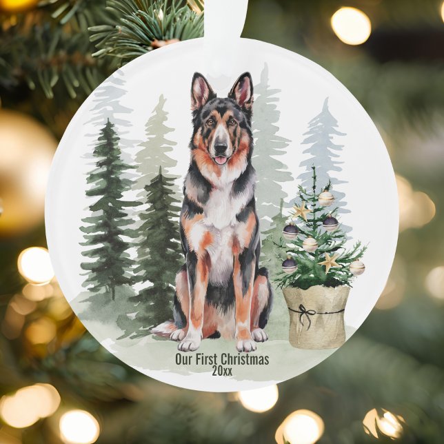 German Shepherd Dog Pine Tree Watercolor Christmas Ornament (Creator Uploaded)