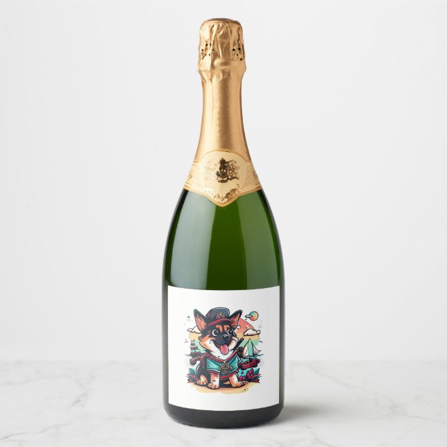German Shepherd Dog Pirate Sparkling Wine Label (Front)