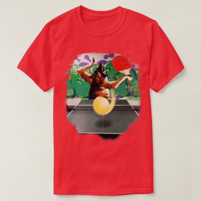 German Shepherd Dog Playing Table Tennis Ping Pong T-Shirt (Design Front)